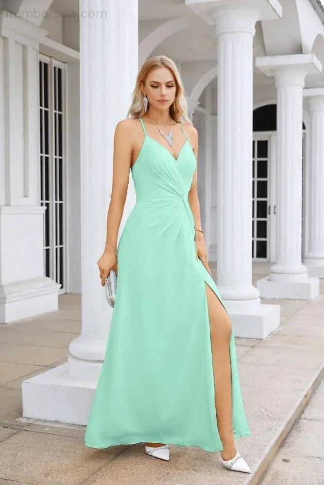 Ladies Chiffon Spaghetti Strap V Neck Front Slit Floor Length Bridesmaid Evening Dress Prom Party Wedding Evening Dress 28116 (ZD17012)