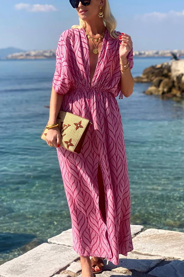 Adriana Boutique Printed Kimono Beach Maxi Dress with Drawstring Design Elevated Occasion Wear