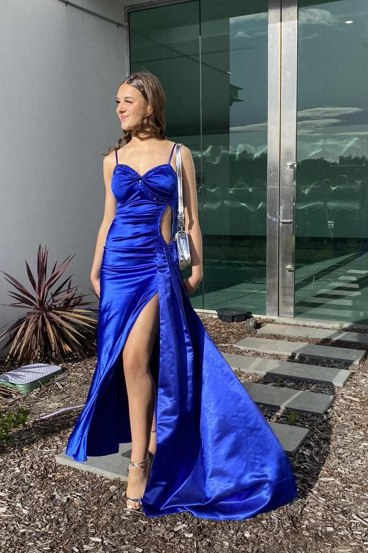 Trendy Mermaid Spaghetti Straps Royal Blue Long Prom Dress with Split Front - View 2 | VelvetHem