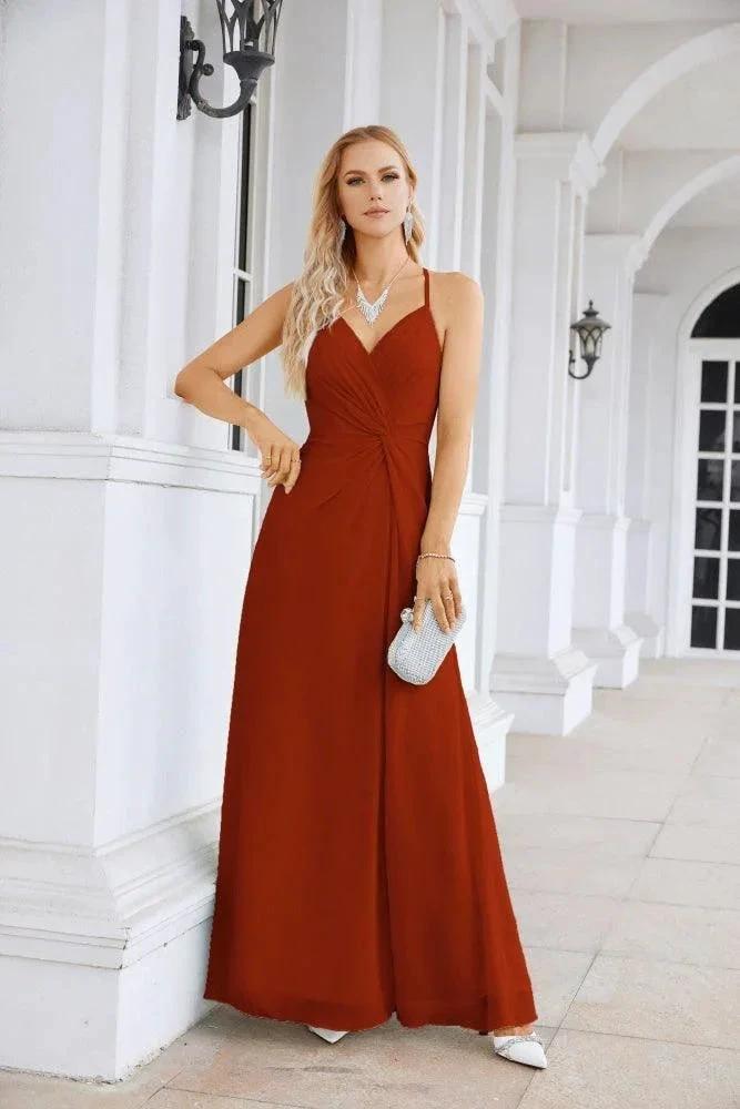 Ladies Chiffon Spaghetti Strap V Neck Front Slit Floor Length Bridesmaid Evening Dress Prom Party Wedding Evening Dress 28116 by numbersea