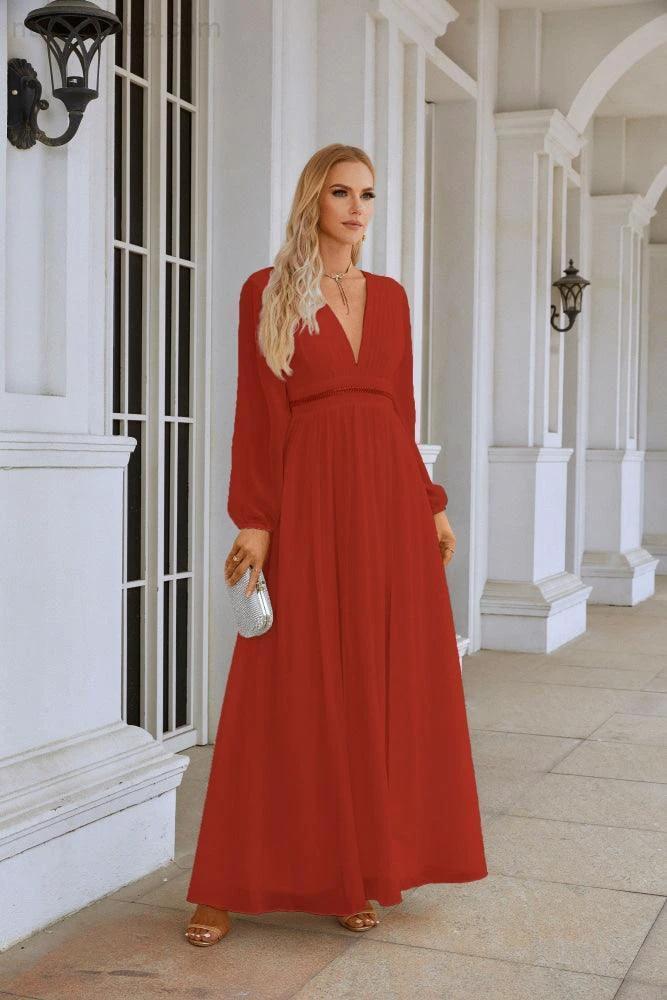 Ladies V Neck Chiffon Long Sleeve Front Slit Bridesmaid Evening Dress Wedding Party Shopping Evening Dress 28109 (ZD16991)