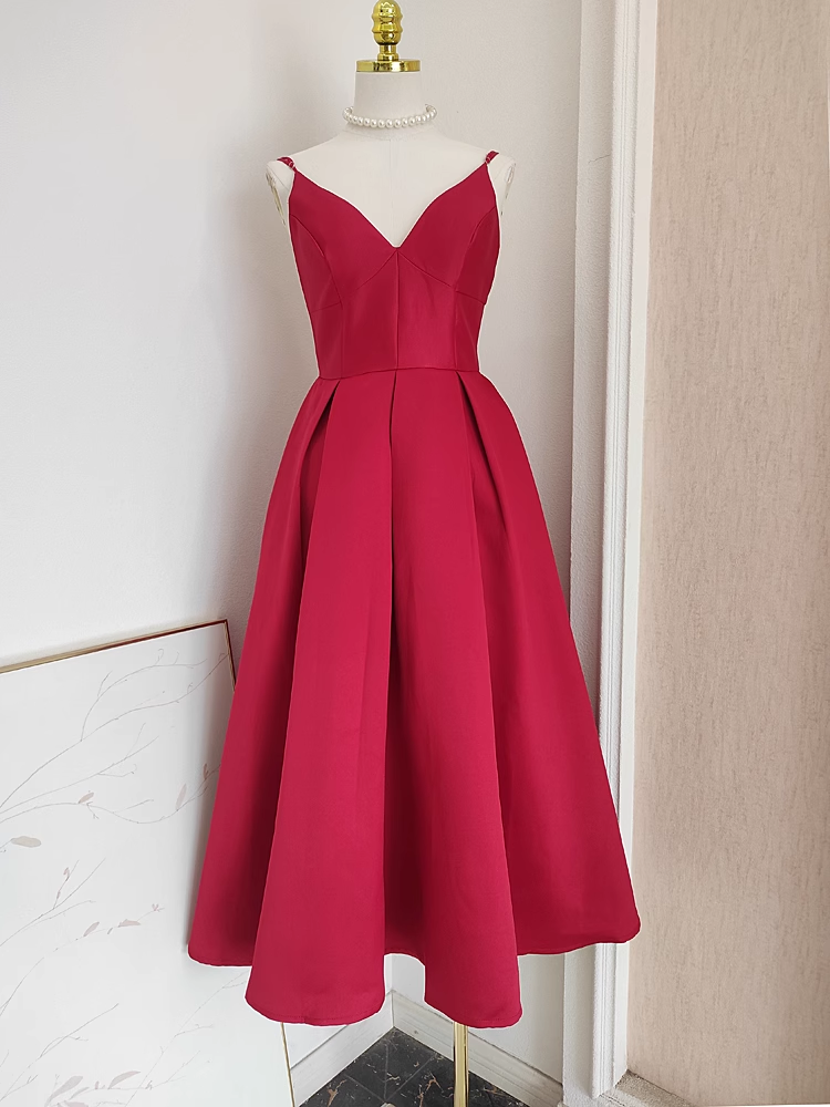 Sexy A line Spaghetti Straps Red Vacation Dress Satin Women Birthday Dresses - VelvetHem