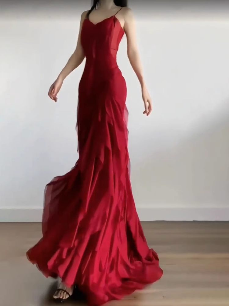Simple Sheath Spaghetti Straps Burgundy Chiffon Long Ruffles Party Dresses Birthday Dress - VelvetHem