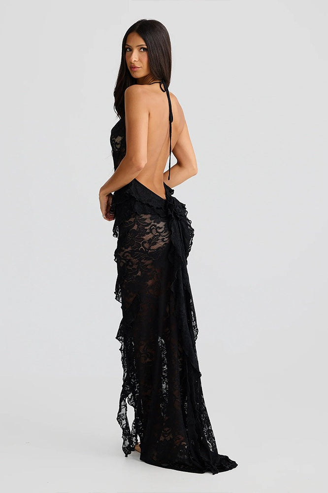Backless Lace Halter Maxi Dress - View 5 | VelvetHem