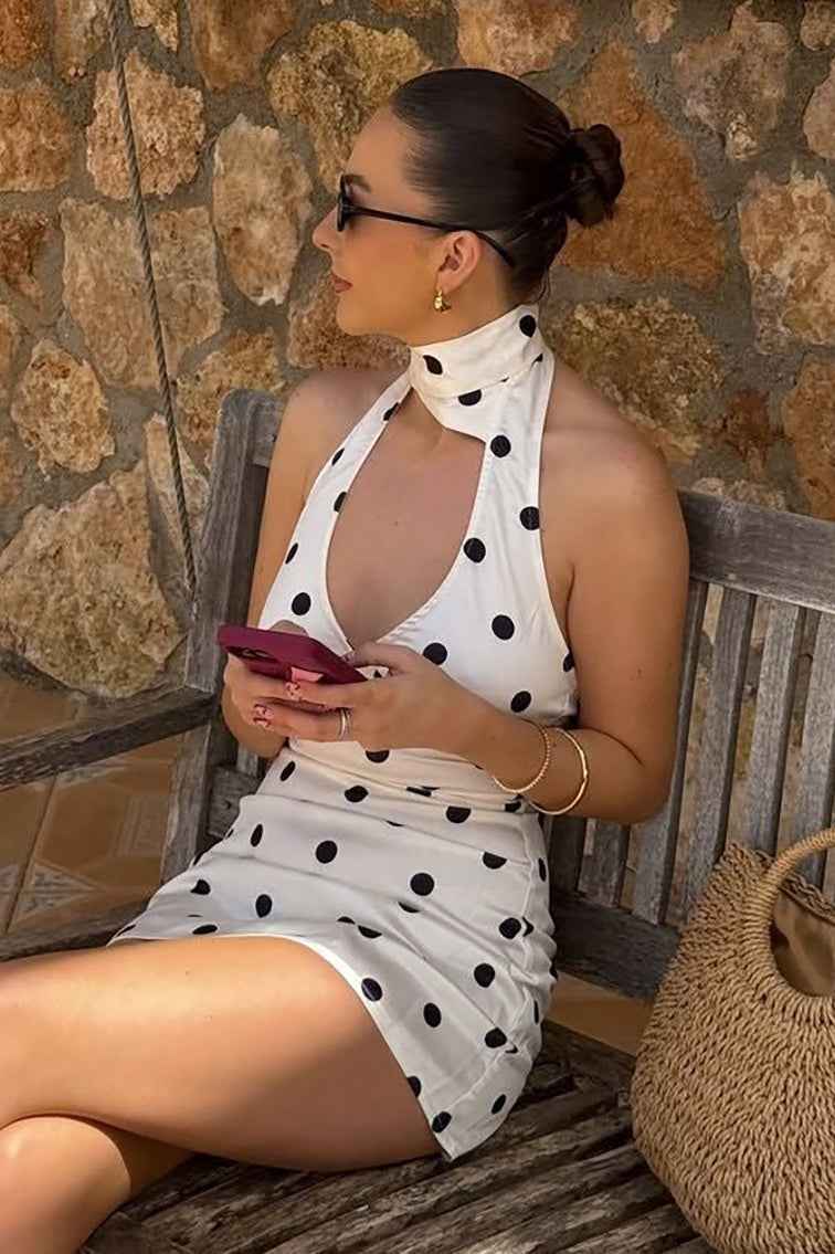 Polka Dot V-Neck Halter High-Waist A-Line Mini Dress - VelvetHem