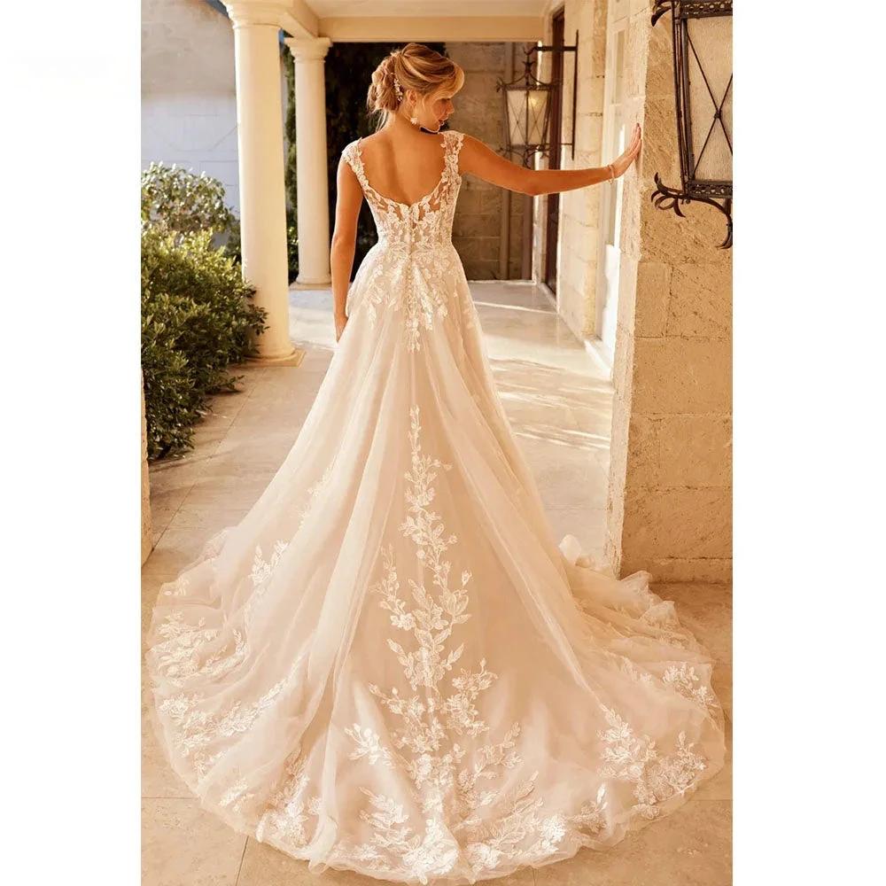 Elegant Wedding Dress For Women V-Neck Cap Sleeve Lace Appliques Vestido De Noiva With Button Sweep Train Custom Made (ZD13459)
