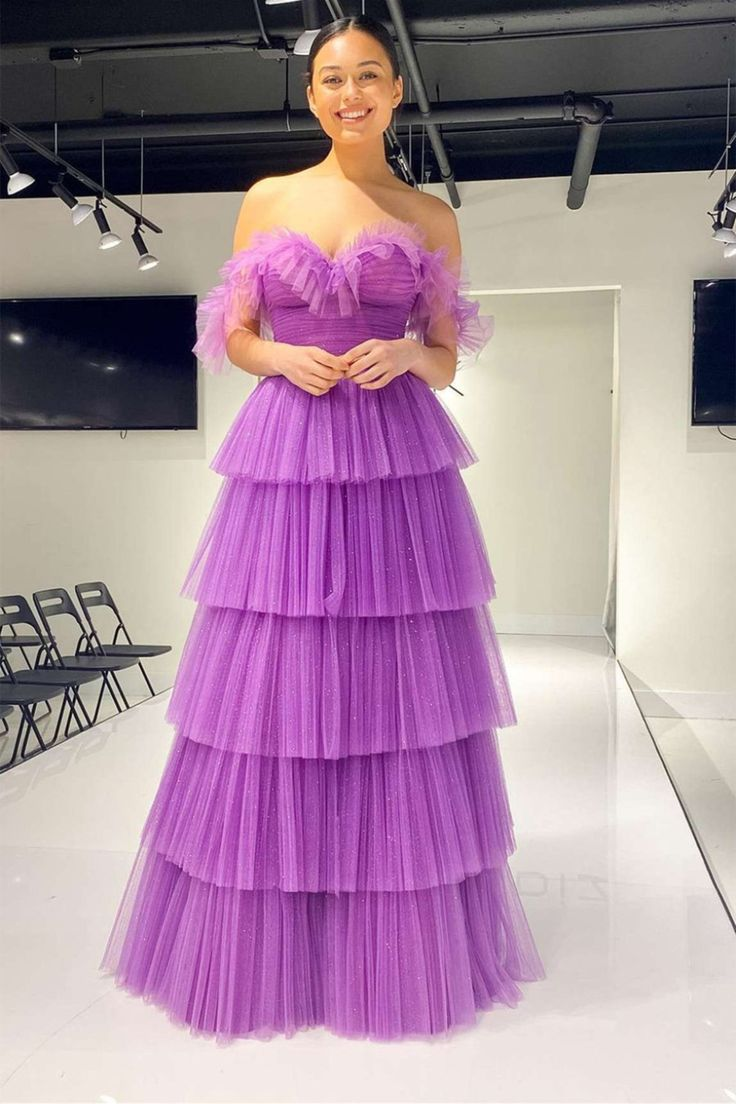 Elegant Off Shoulder Layered Purple Tulle Long Prom Dress, Purple Formal Graduation Evening Dress - VelvetHem
