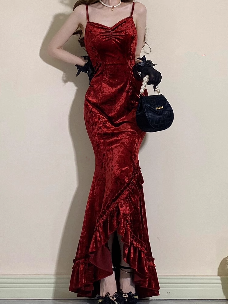 Vintage Mermaid Irregular Ruffled Spaghetti Straps Women's Burgundy Birthday Outfits Party Dresses - VelvetHem