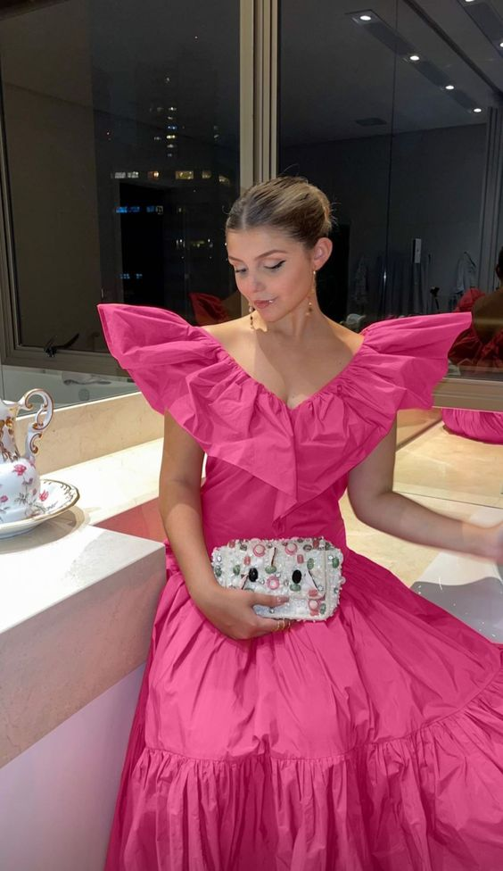 Chic A-line V Neck Pink Evening Dress Pink Formal Dress Y6131 - VelvetHem
