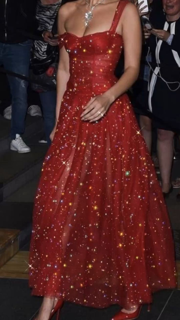 Sparkly Red Tulle A Line Evening Dress Pretty Prom Party Dress - VelvetHem