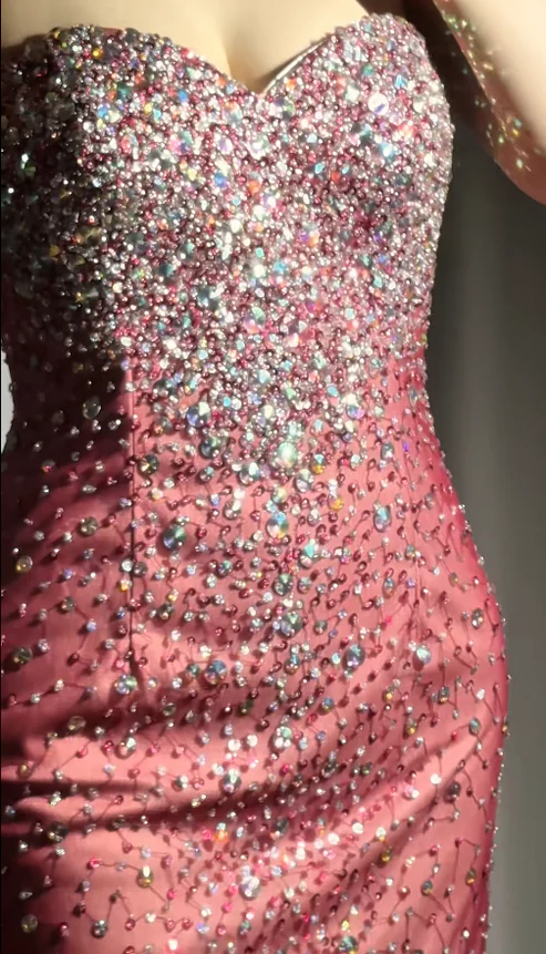 Sparkly Burgundy Strapless Tulle Beaded Mermaid Long Evening Dress Formal Birthday Party Dress - View 3 | VelvetHem