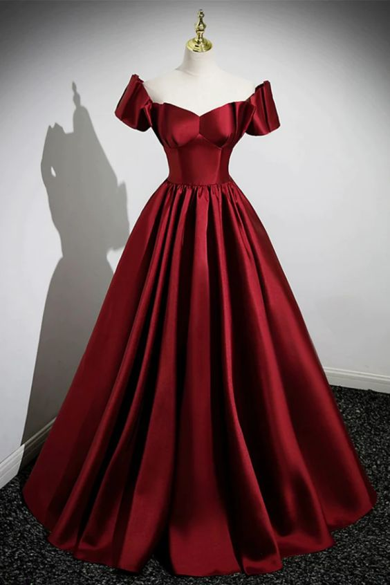 A Line Burgundy Satin Floor Length Prom Dress, Off the Shoulder New Party Dress - VelvetHem