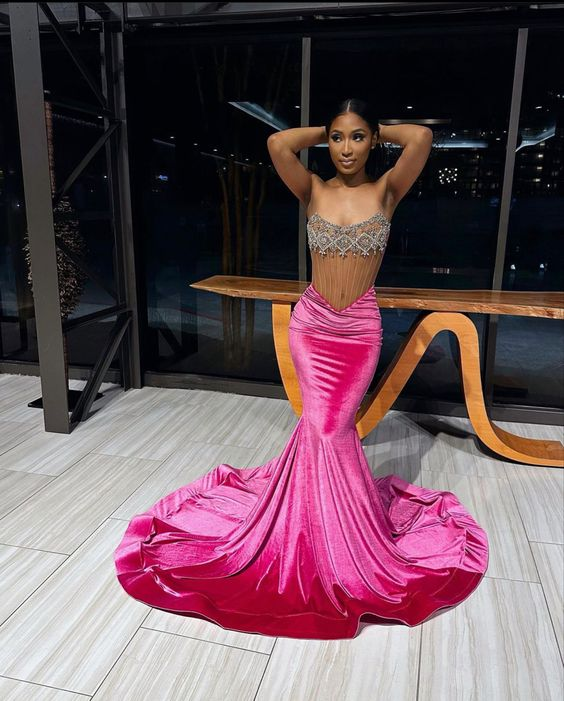 Sexy Mermaid Fuchsia Velvet Evening Dress,Glam Dress - VelvetHem