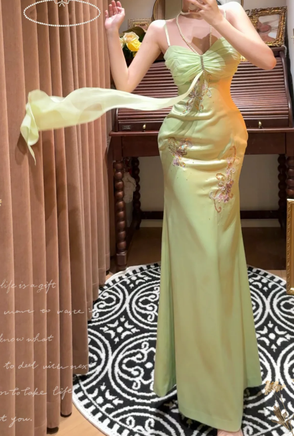 Classy Spaghetti Straps Green Satin Beaded Mermaid Long Wedding Guest Dress Formal Birthday Party Dress - View 2 | VelvetHem