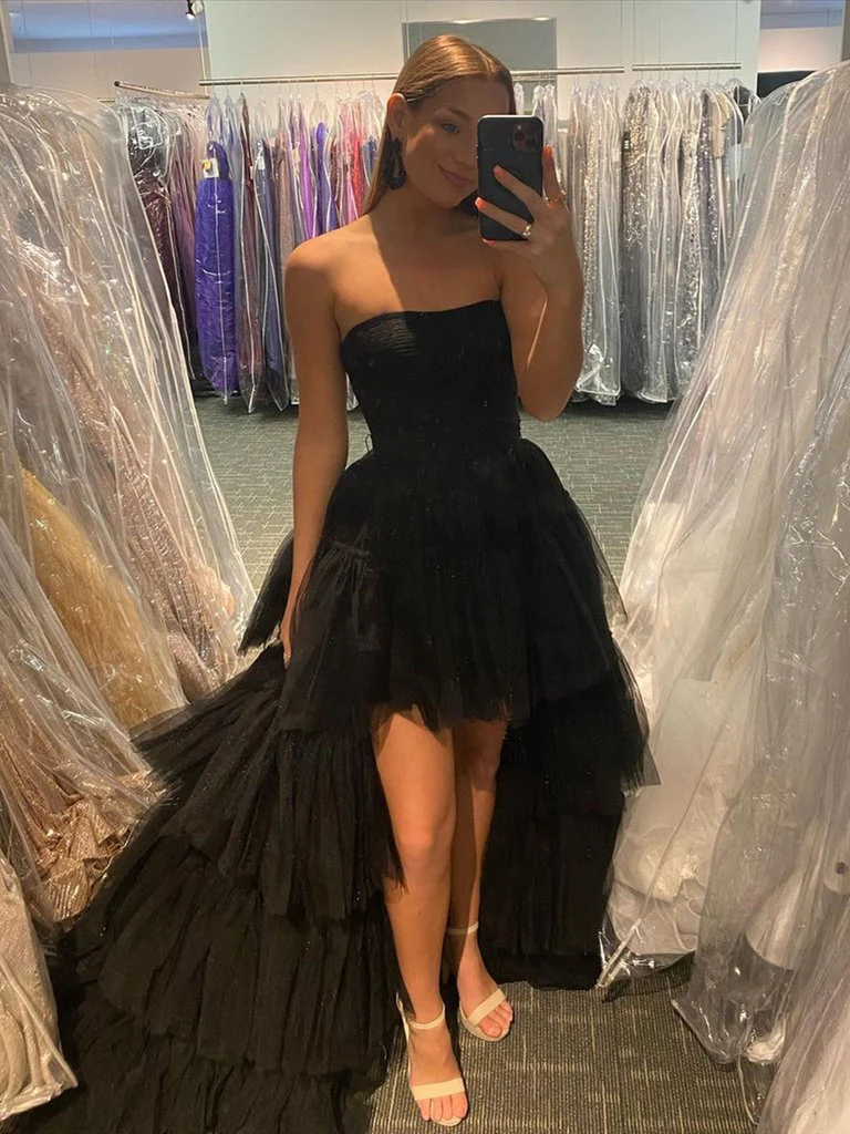 Black High Low Tulle Prom Dress, Black Tulle High Low Formal Evening Dresses - VelvetHem