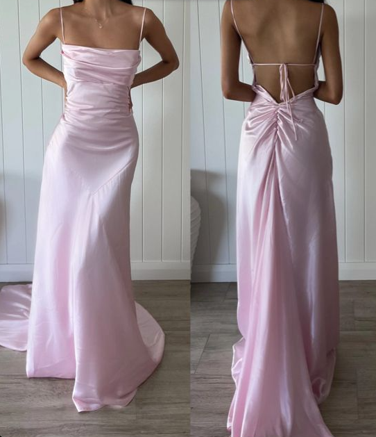 Pink Straps Satin Backless Long Party Evening Dress - VelvetHem