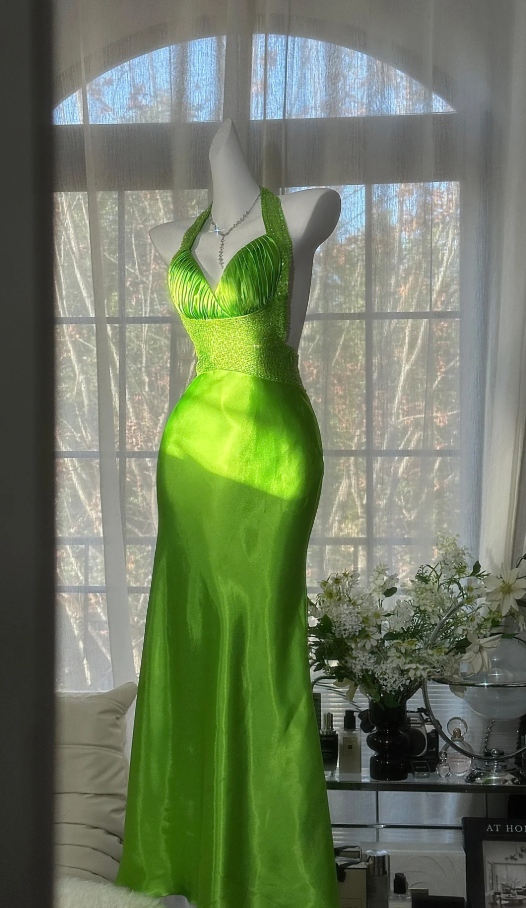 Unique Green Halter Satin Beaded Mermaid Party Dress Backless Long Evening Dress Wedding Guest Dress - View 2 | VelvetHem