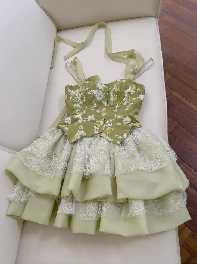 Pretty Green Satin Lace Short homecoming Dress Birthday Outfits