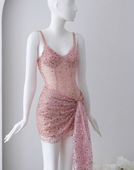 Sparkly Tulle Sequin Sheath Cocktail Dress Pink Short Homecoming Dress Birthday Outfits Dress - VelvetHem