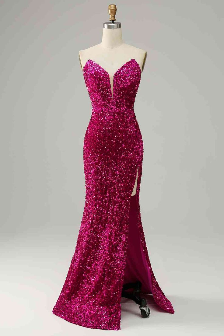 Fuchsia Strapless Sequins Long Prom Dress with Slit - VelvetHem