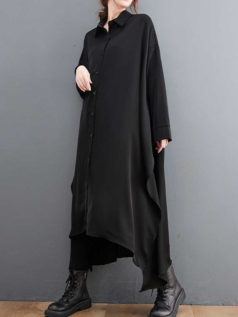 Cotton Long Sleeves Shirt Style A-Line Dress
