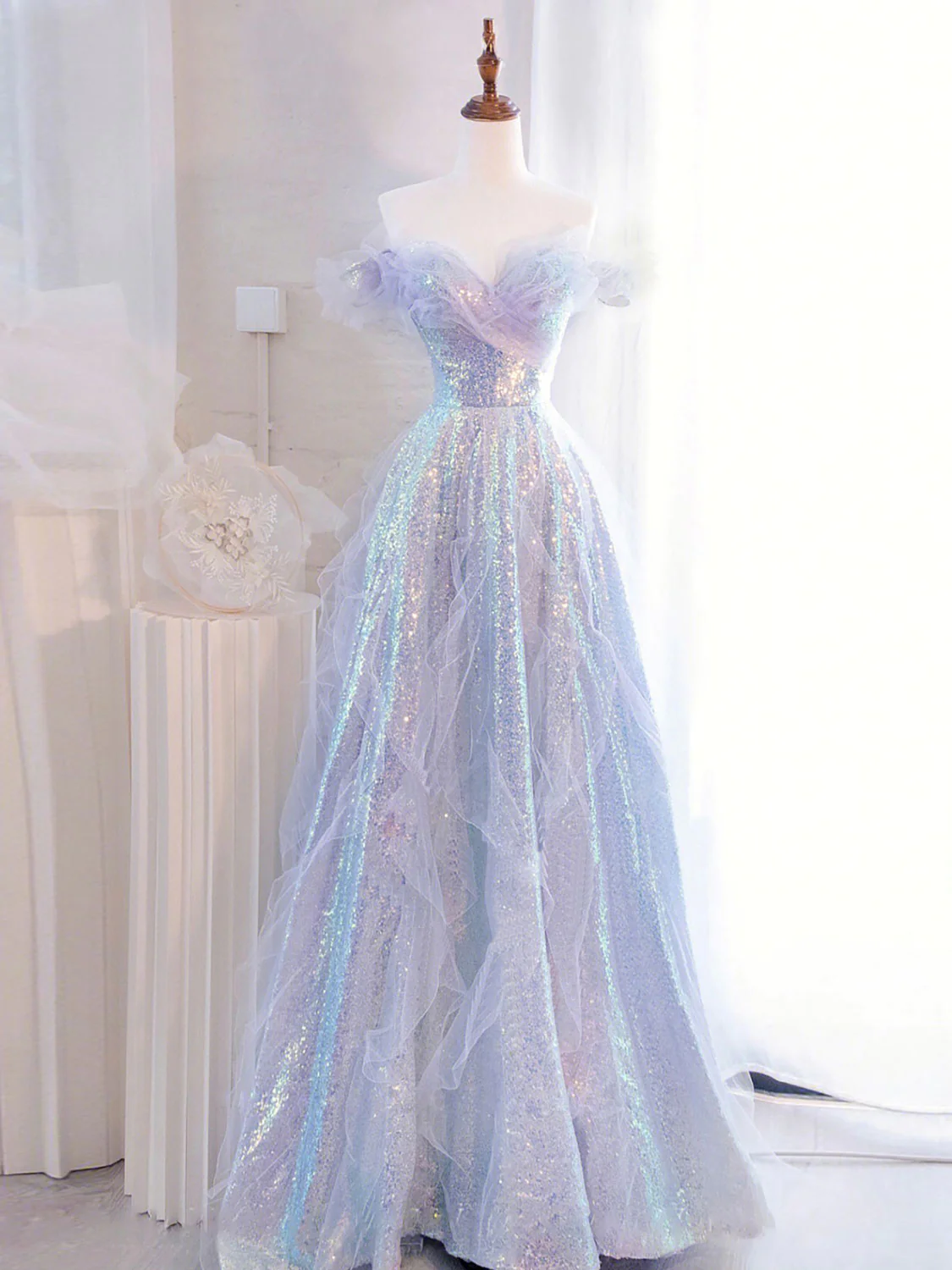 Purple Off Shoulder Sequin Tulle Long Prom Dress Purple Formal Evening Dresses Y4659 - VelvetHem
