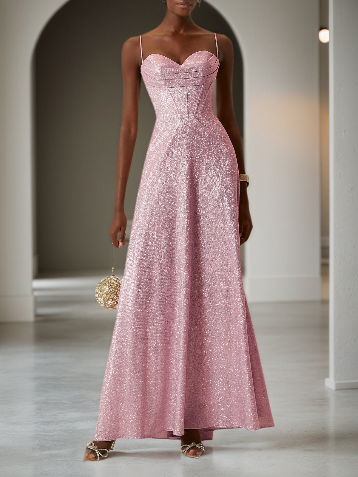 Light Pink Ruched Satin Spaghetti Corset A-Line Gown Dress - VelvetHem