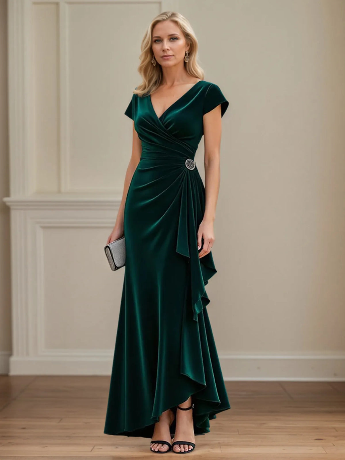 Ruched A Line V Neck Asymmetrical Mother of the Bride Dress - VelvetHem
