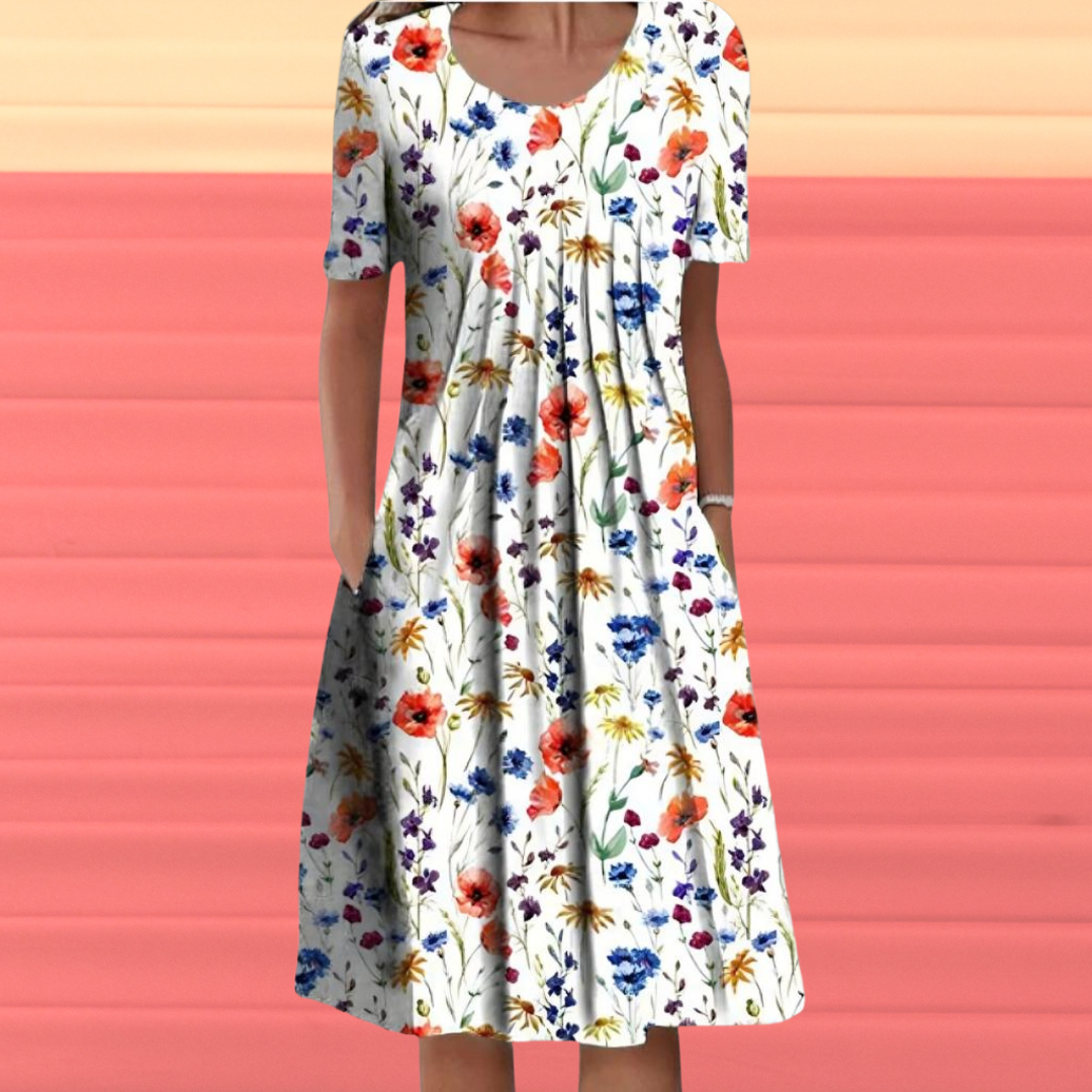 Gurutze Chic Half Sleeve Dress with Floral Print Evening Wear Edit