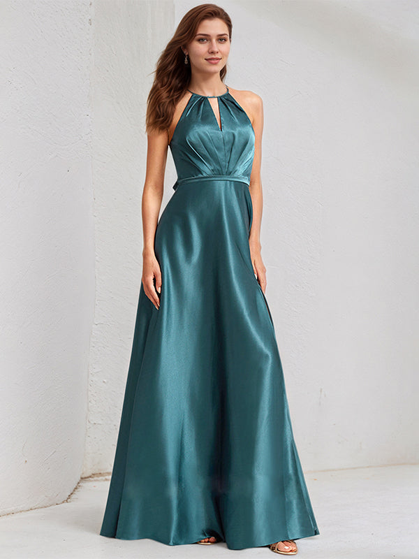 A Line Satin Halter Neck Sleeveless Floor Length Bridesmaid Dress - VelvetHem