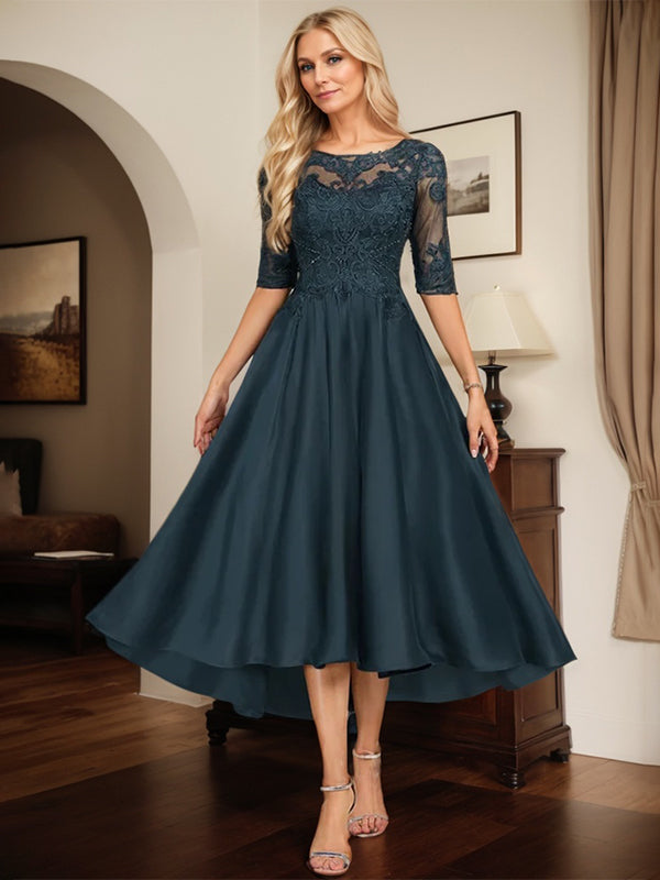 Dark Navy A-line Boat Neck Illusion Asymmetrical Lace Satin Mother of the Bride Dress With Beading - VelvetHem
