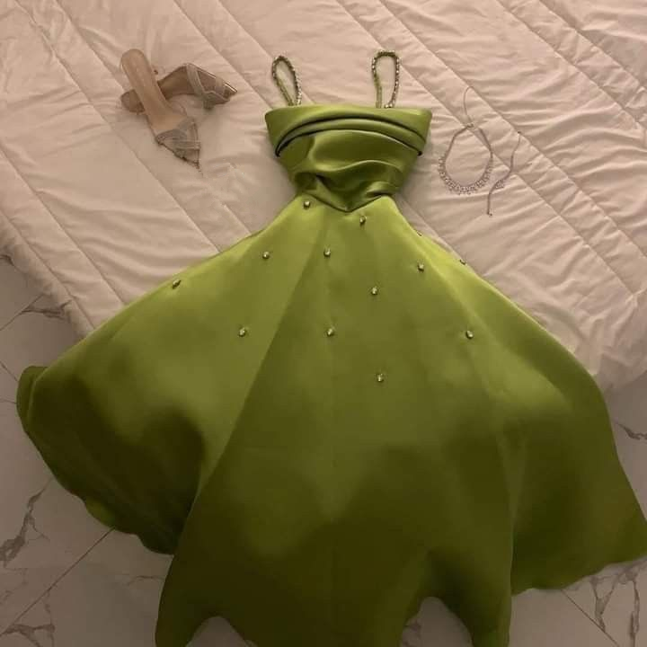 Gorgeous Green Satin A Line Party Dress Straps Prom Evening Dress With Beaded - VelvetHem