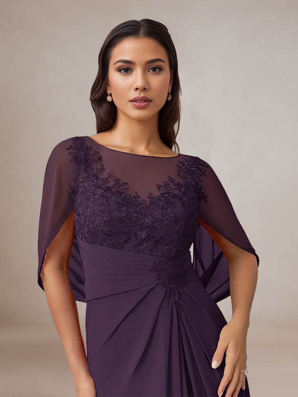 Plum Sheath/Column Chiffon Boat Neck Floor Length Mother of the Bride Dress