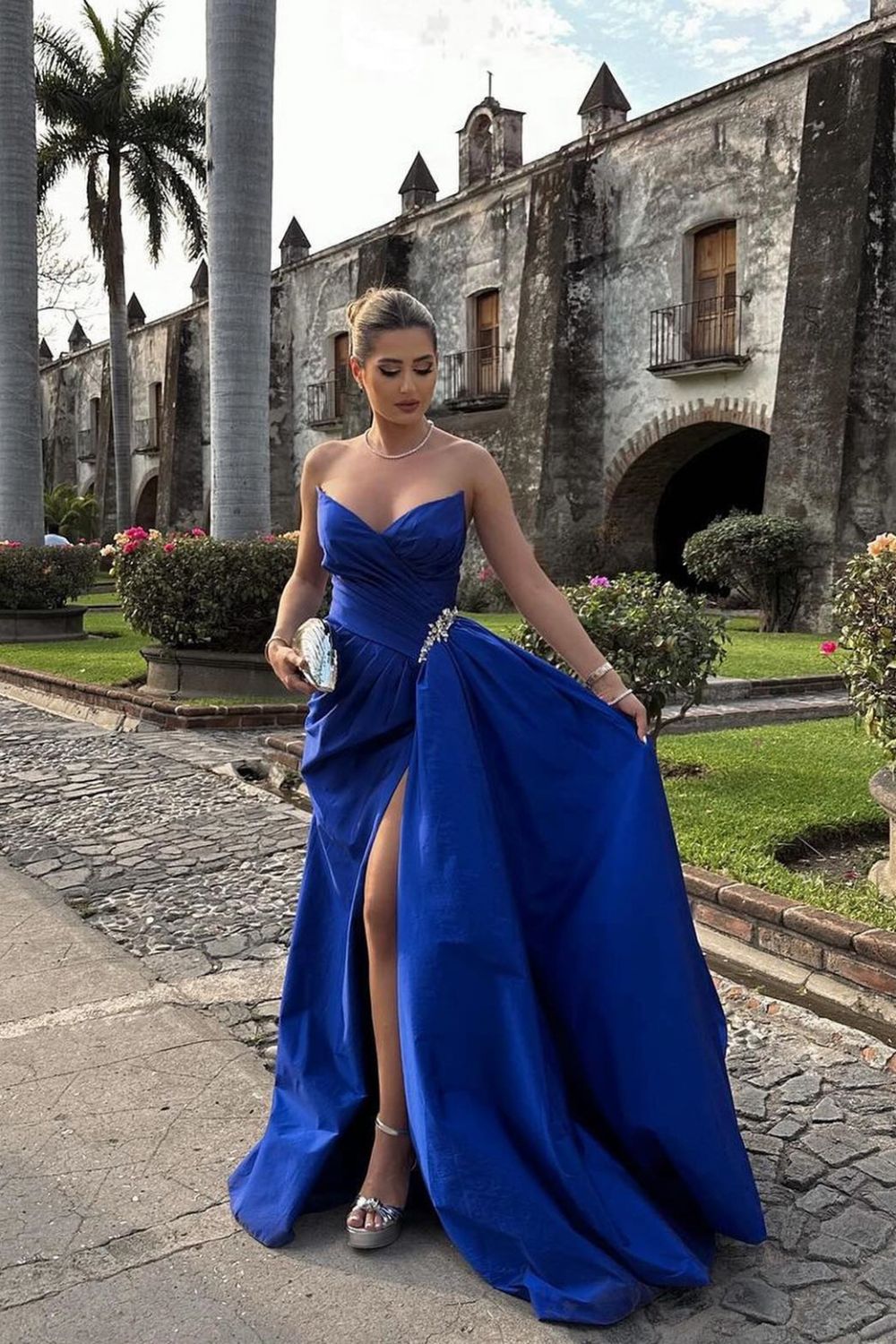 Classic A Line Sweetheart Royal Blue Long Prom Dress with Split Front - View 4 | VelvetHem