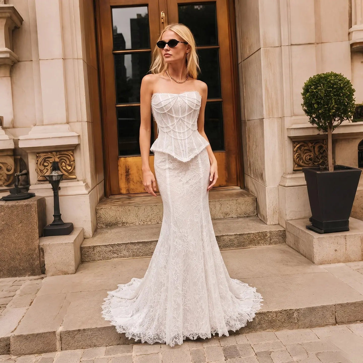 White Nude Mermaid Wedding Dress Beaded Chain Detailing With Lace Train ZP039 - VelvetHem