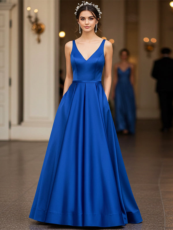 Royal Blue Sheath/Column V-Neck Floor-Length Satin Prom Dress - VelvetHem