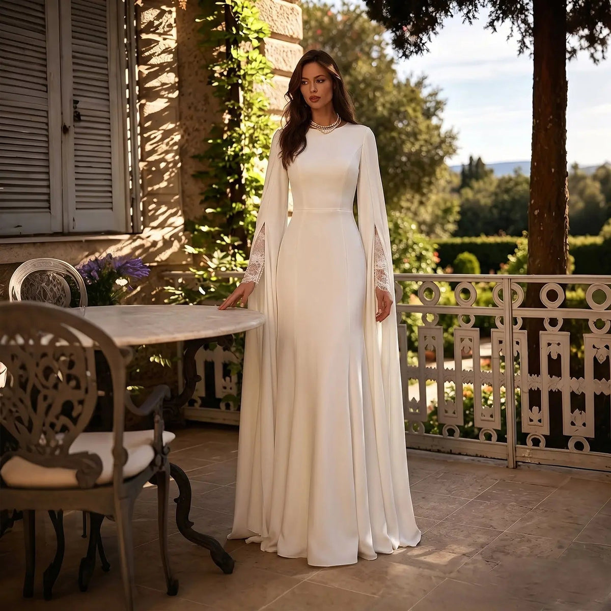 Ivory Minimalist Modest Mermaid Beaded Satin Wedding Dress Sweep Train ZP031
