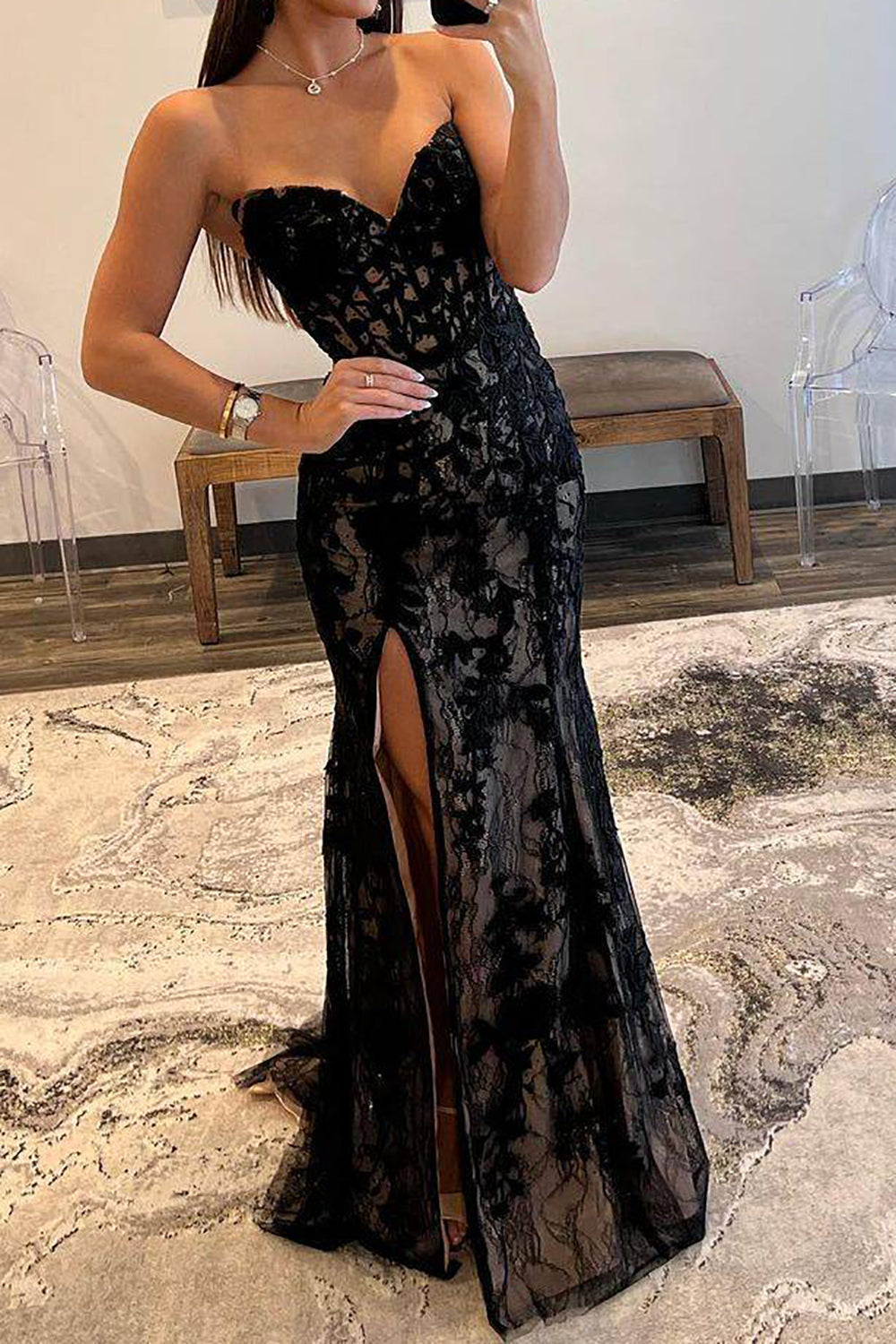 Mermaid Sweetheart Black Corset Prom Dress with Appliques