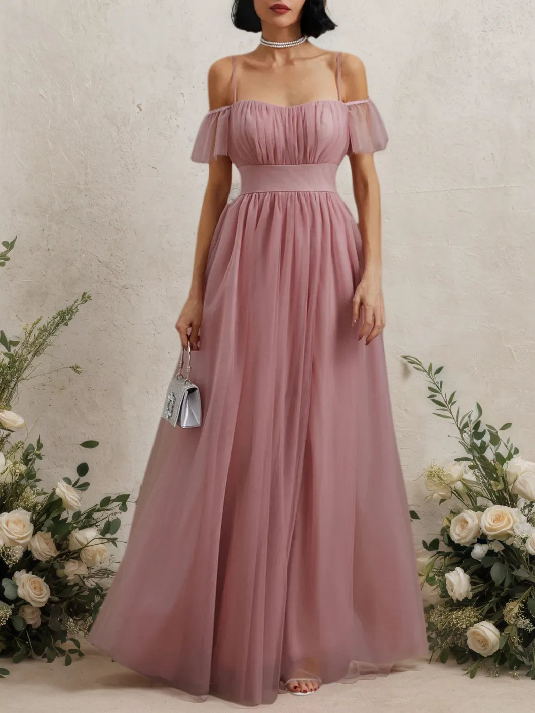Pink Classic Off The Shoulder Short Sleeve A-Line Maxi Dress - VelvetHem
