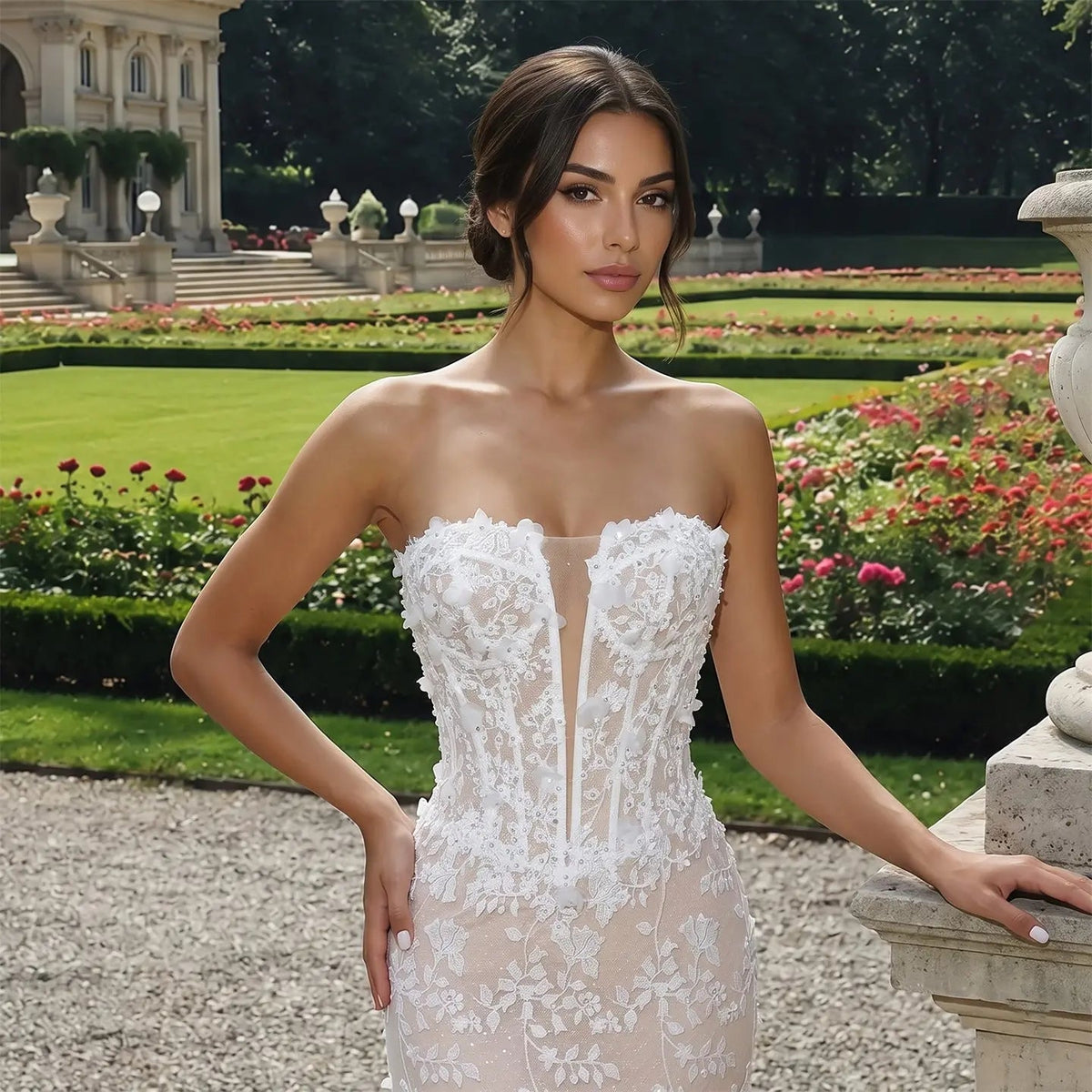 White Nude Lace Fairytale Mermaid Wedding Dress 3D Floral Train ZP037