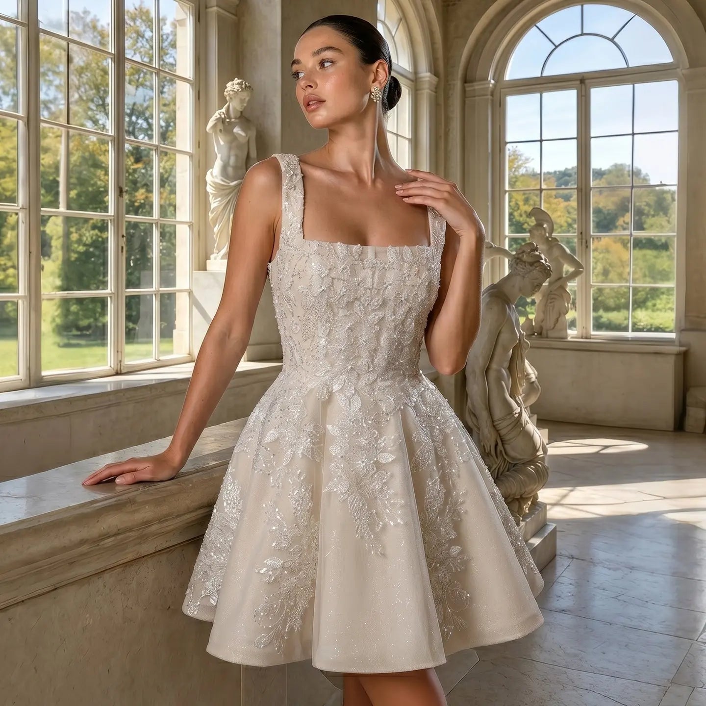 Romantic Champagne Sleeveless A-Line Short Wedding Dress with Deep V Back ZP046