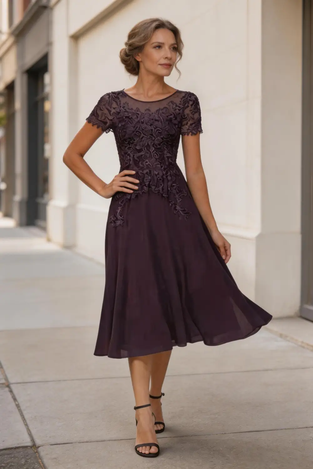 Plum Purple Lace Chiffon Tea Length Dress For Mother Of The Bride (ZD17158)