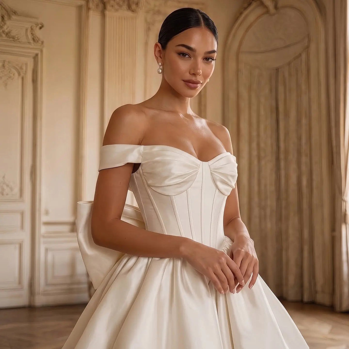Elegant Lvory Off-the-Shoulder Satin Wedding Dress with Large Bow ZP051