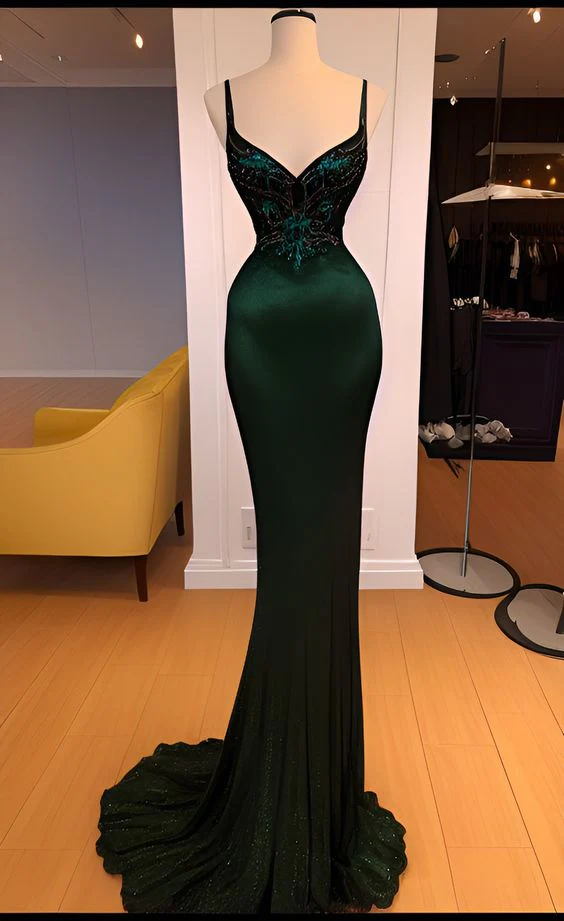 Vintage Dark Green Satin Mermaid Beaded Prom Evening Dress Long Party Dress - VelvetHem
