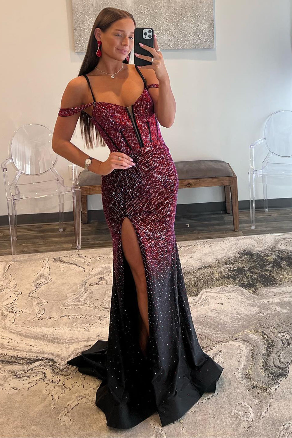 Luxurious Burgundy Mermaid Off The Shoulder Long Corset Beaded Prom Dress - View 4 | VelvetHem
