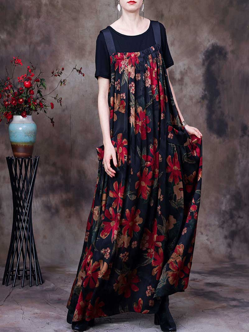 Always Glowing Printed Pleated Pocket Maxi Salopette Dress