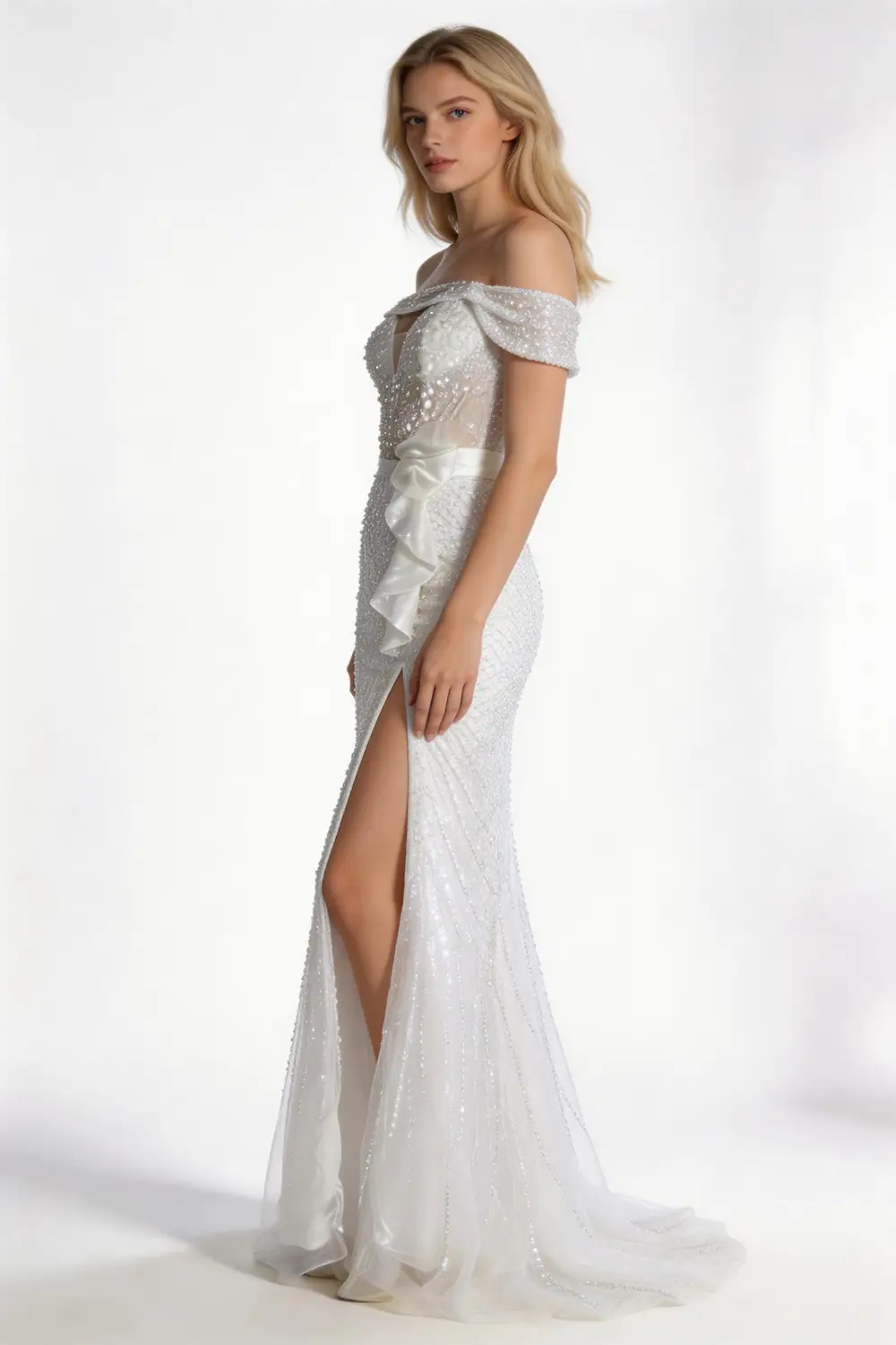 Off The Shoulder Sequin Mermaid Evening Gown With High Slit And Ruffle Detail (ZD17166)