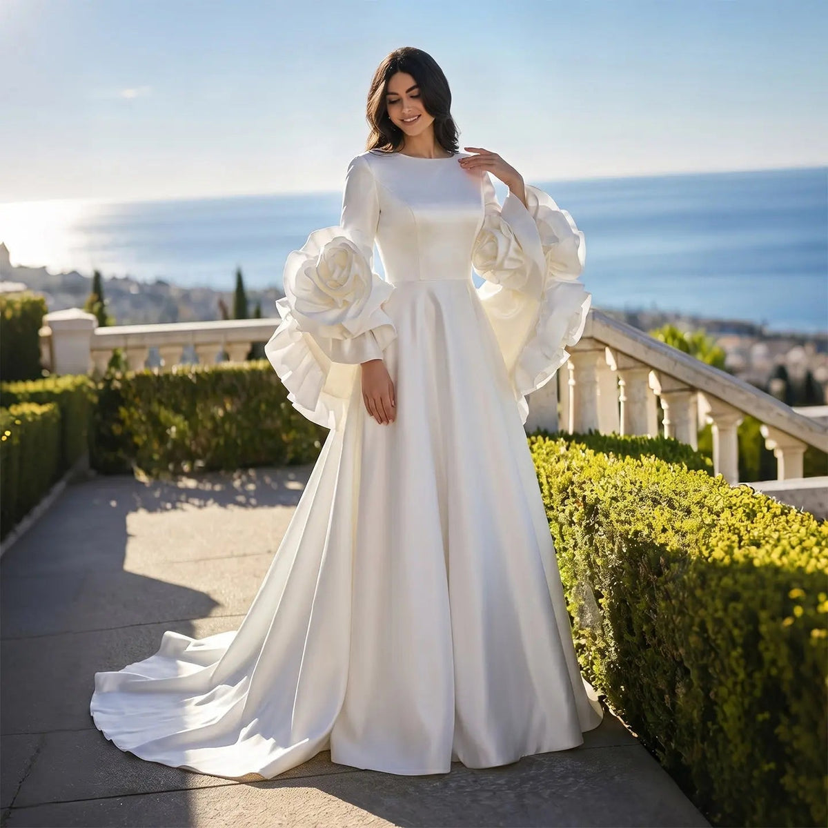 Ivory Romantic A-Line Satin Wedding Dress 3D Rose Floral With Veil ZP033