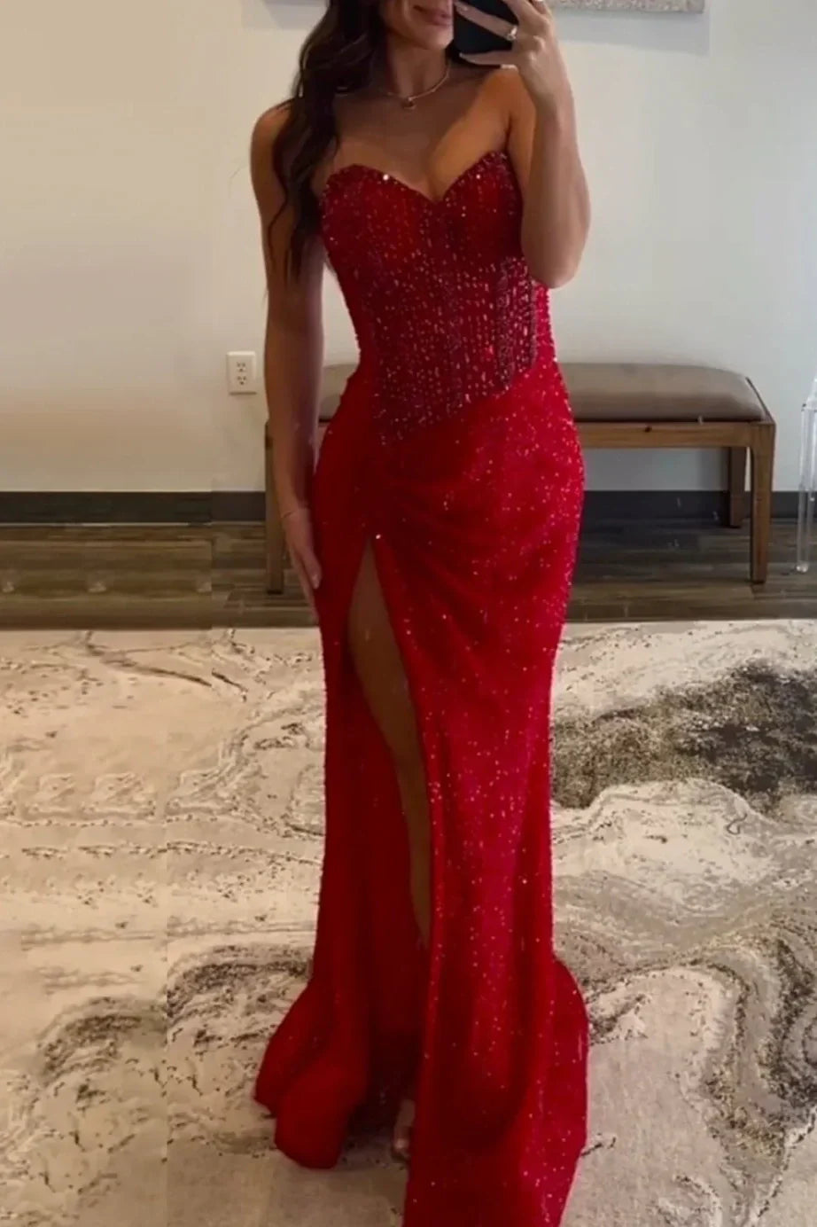 Sparkly Mermaid Sweetheart Gold Long Prom Dress with Beading