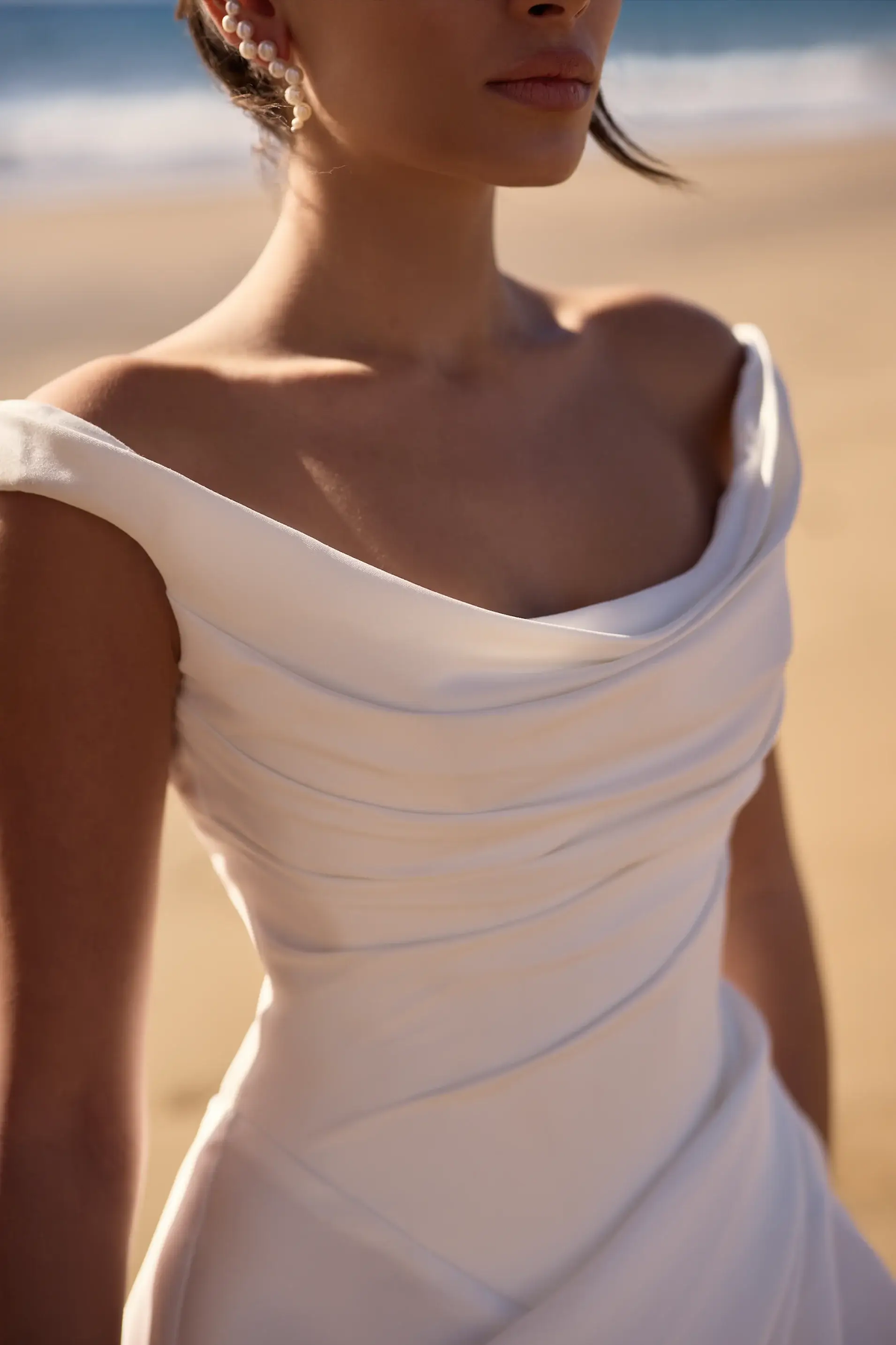 Odelle Off‑Shoulder Satin Wedding Gown — Draped Bodice, High Slit & Sweep Train (ZD15424)